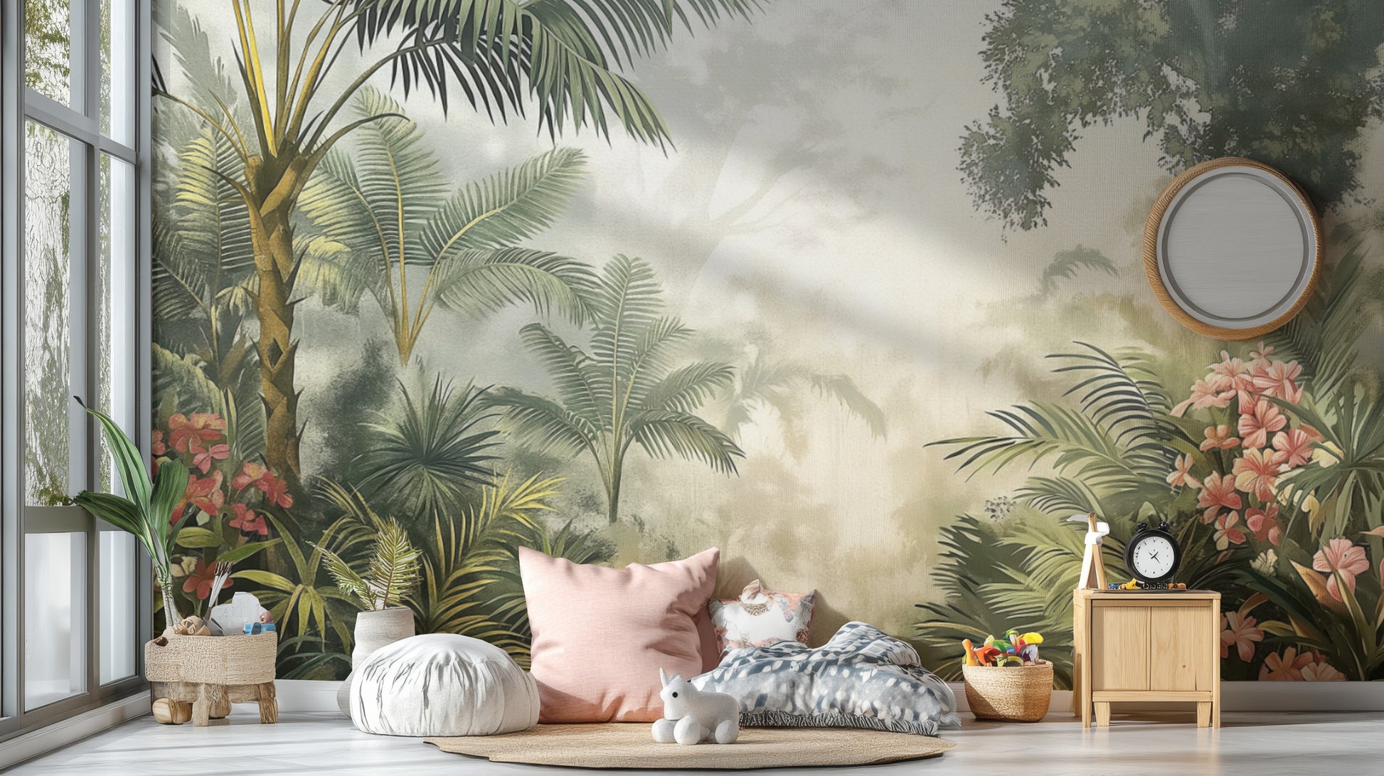 Vibrant green palm leaves in a misty jungle mural
