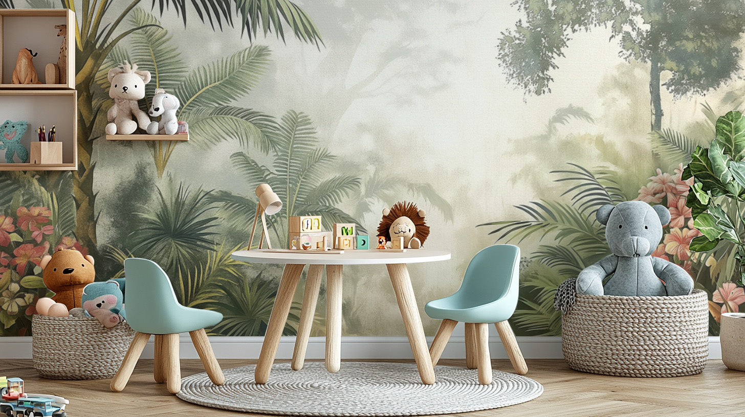 Serene misty forest wallpaper with tropical details
