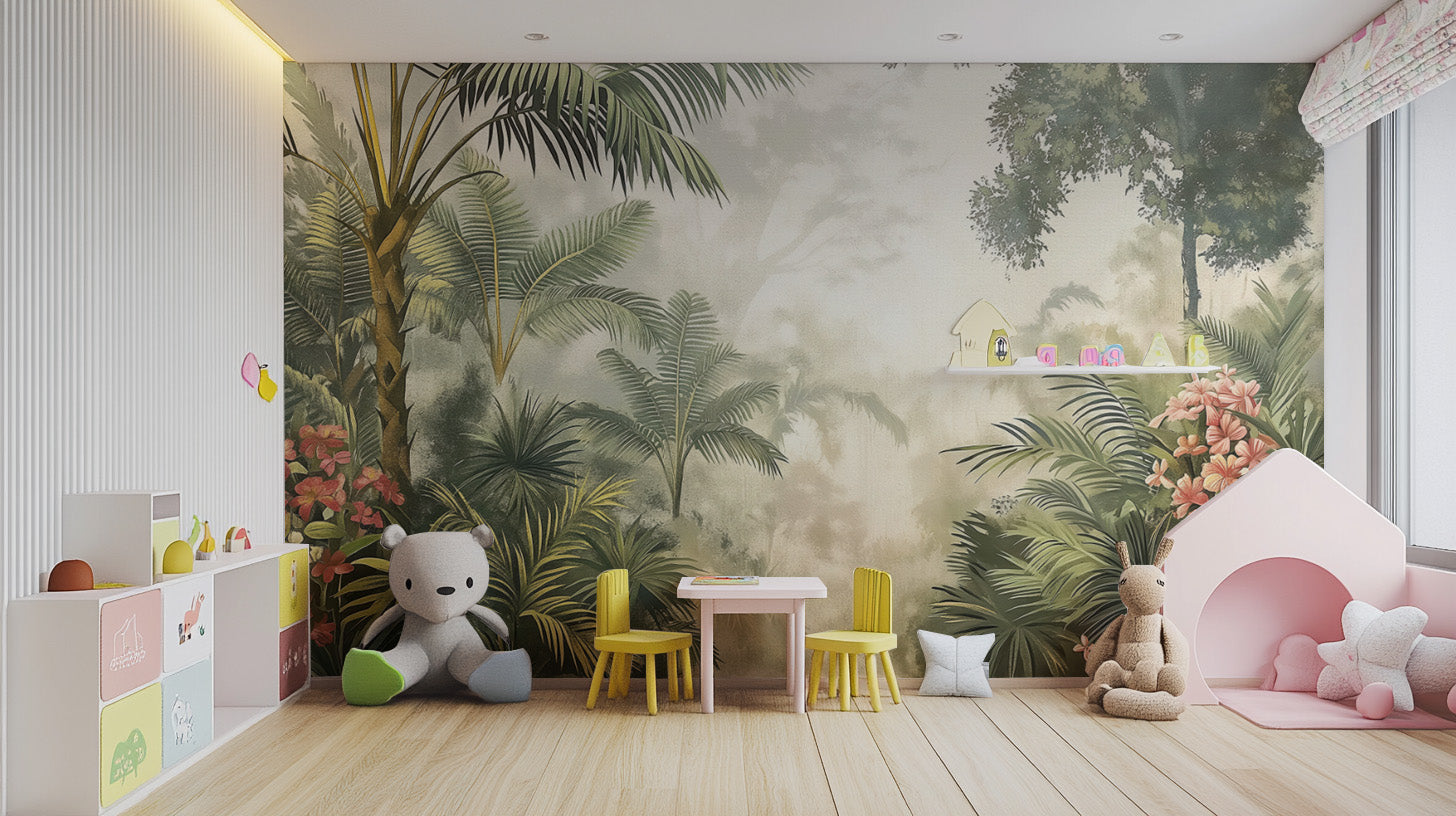 Misty tropical jungle wall mural with lush green foliage
