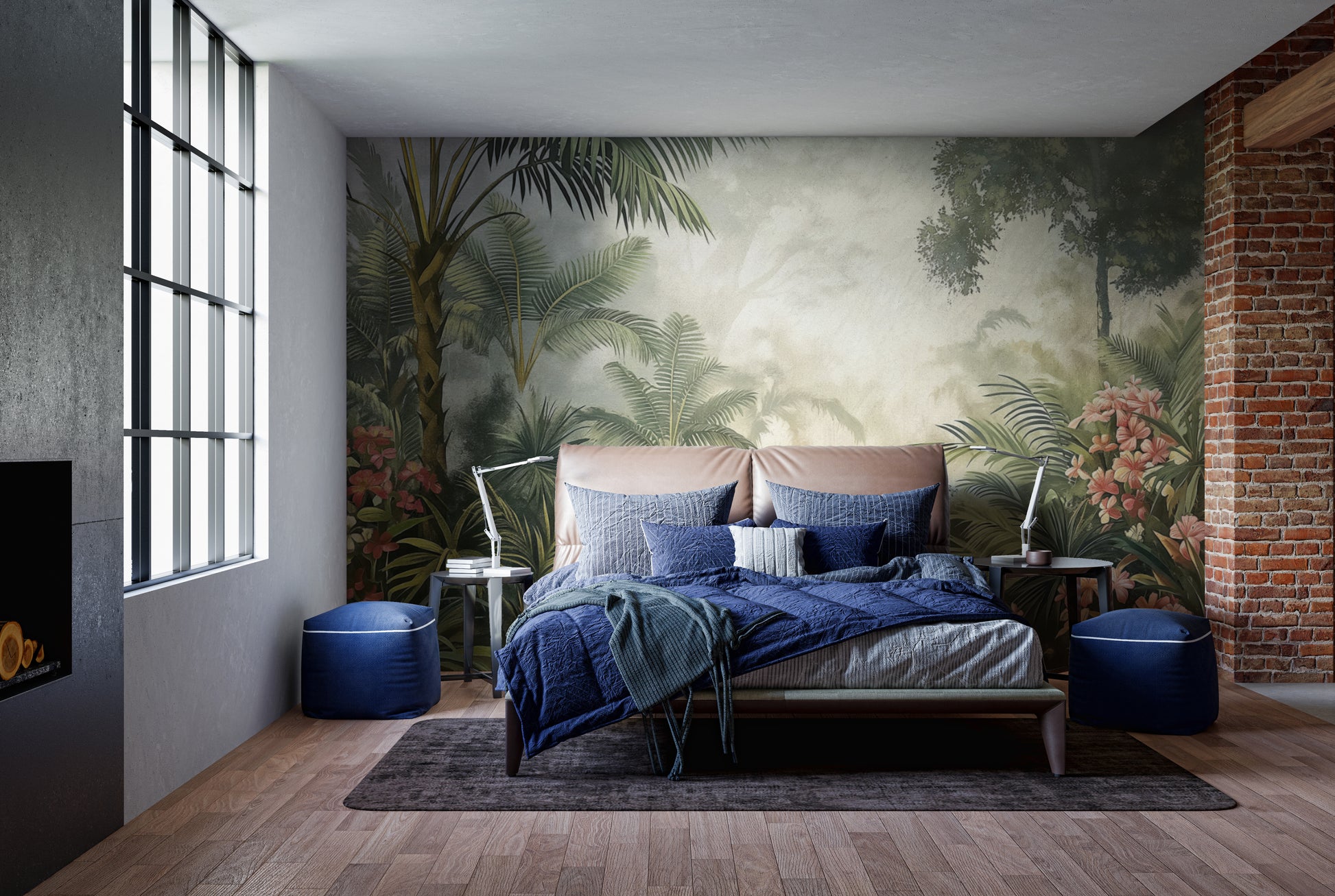 Rainforest-inspired wallpaper with palm trees and soft mist
