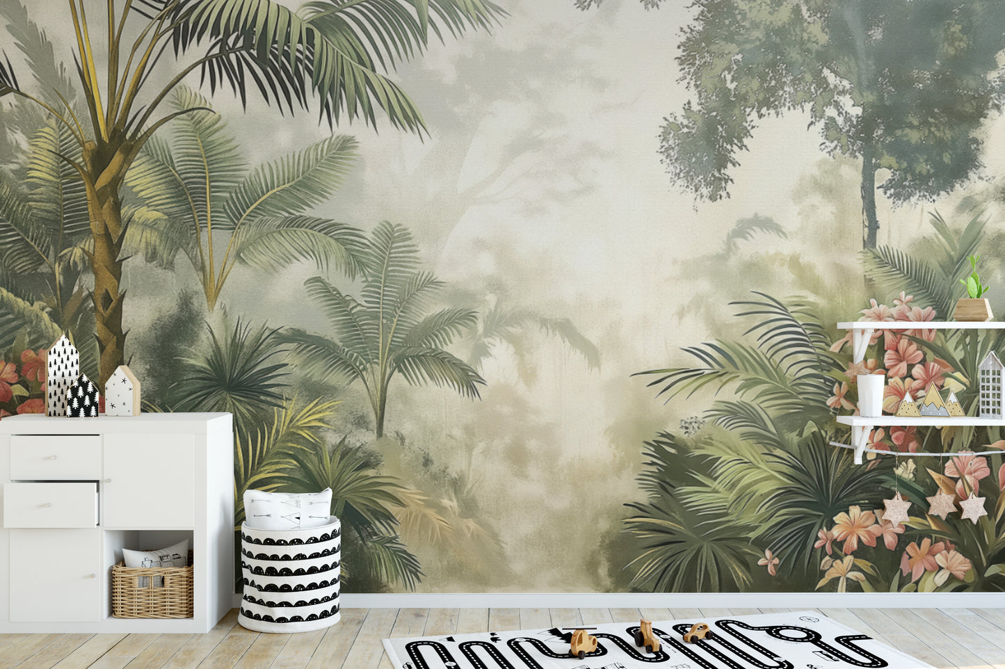 Botanical tropical wallpaper featuring exotic greenery
