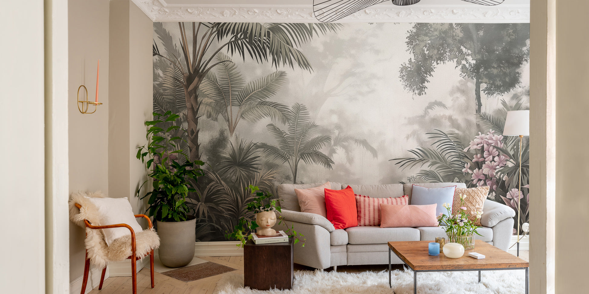 Vintage tropical wall mural with palm leaves and flowers
