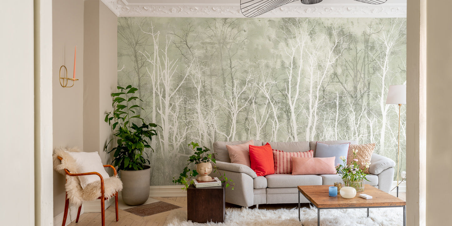 Elegant indoor green wall mural with soft forest hues
