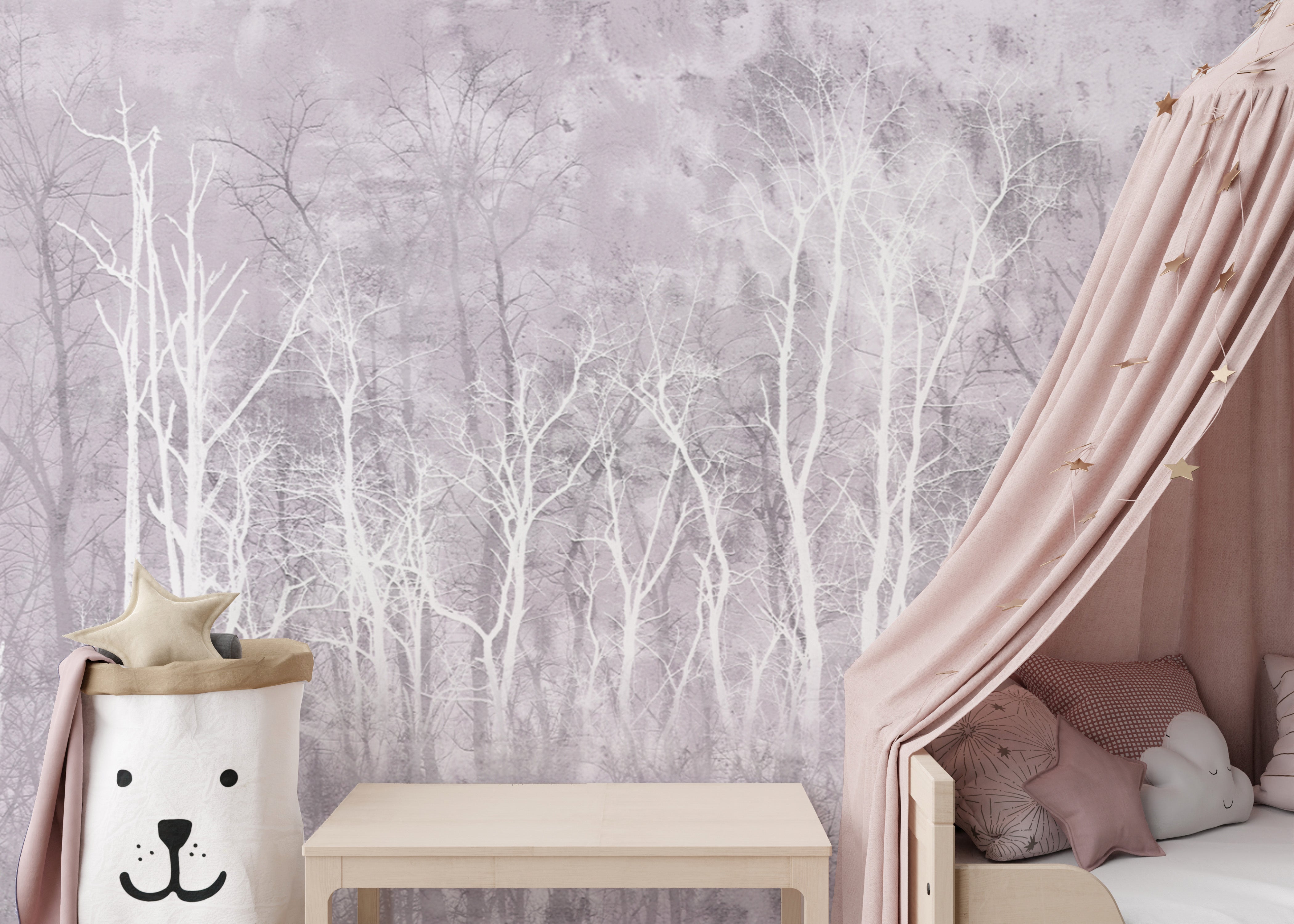 Scandinavian tree wallpaper featuring soft pink and gray tones
