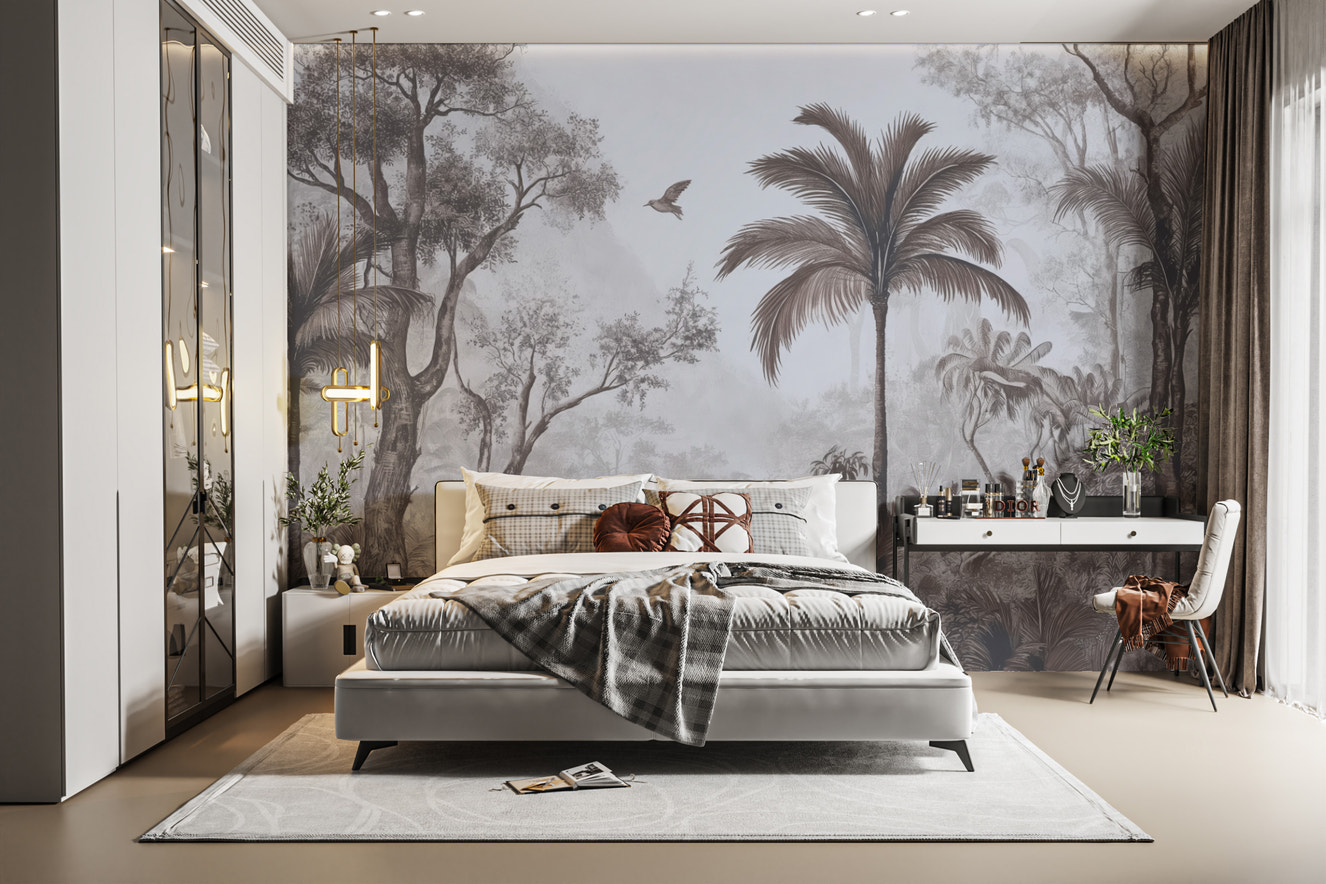 Vintage tropical jungle wall mural with lush palm trees
