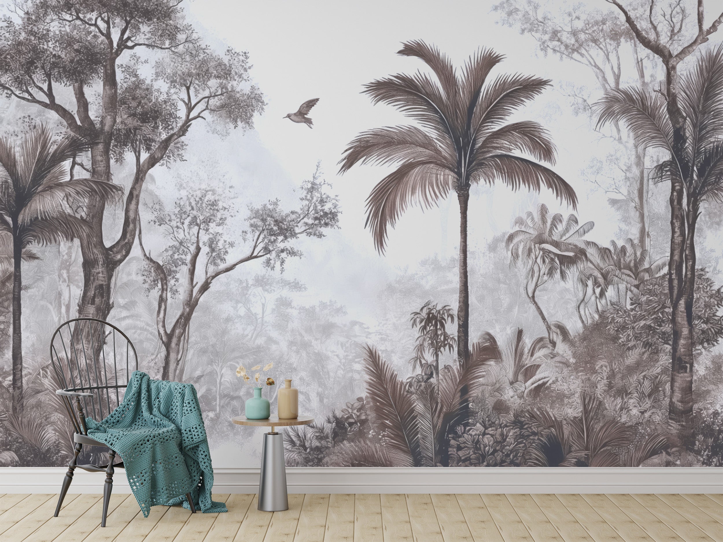 Sepia jungle wall mural with misty tropical foliage
