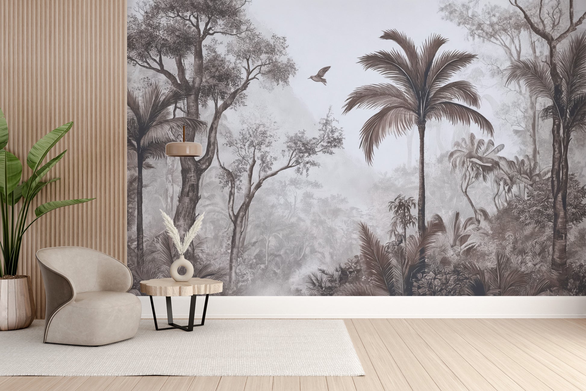 Misty rainforest wall mural with tropical palm tree design
