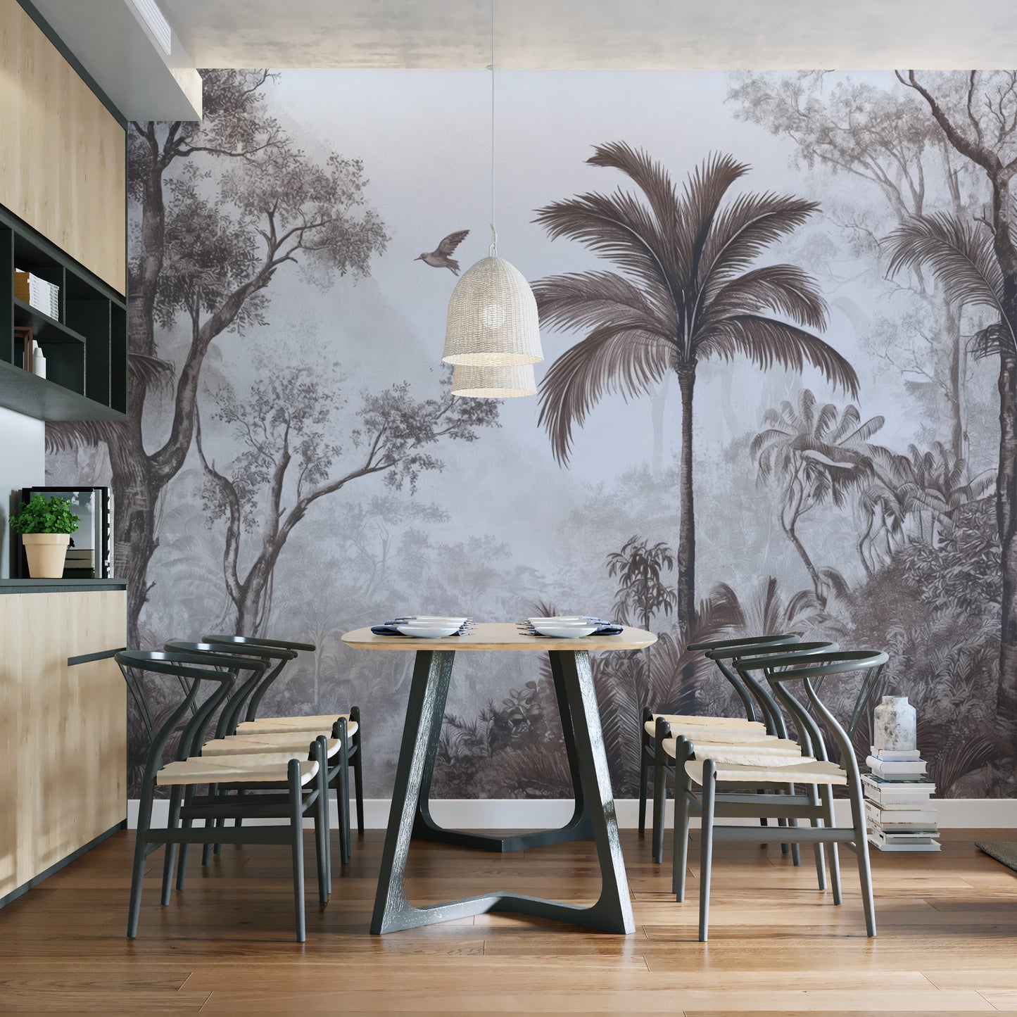 Neutral-toned jungle wallpaper with elegant nature details
