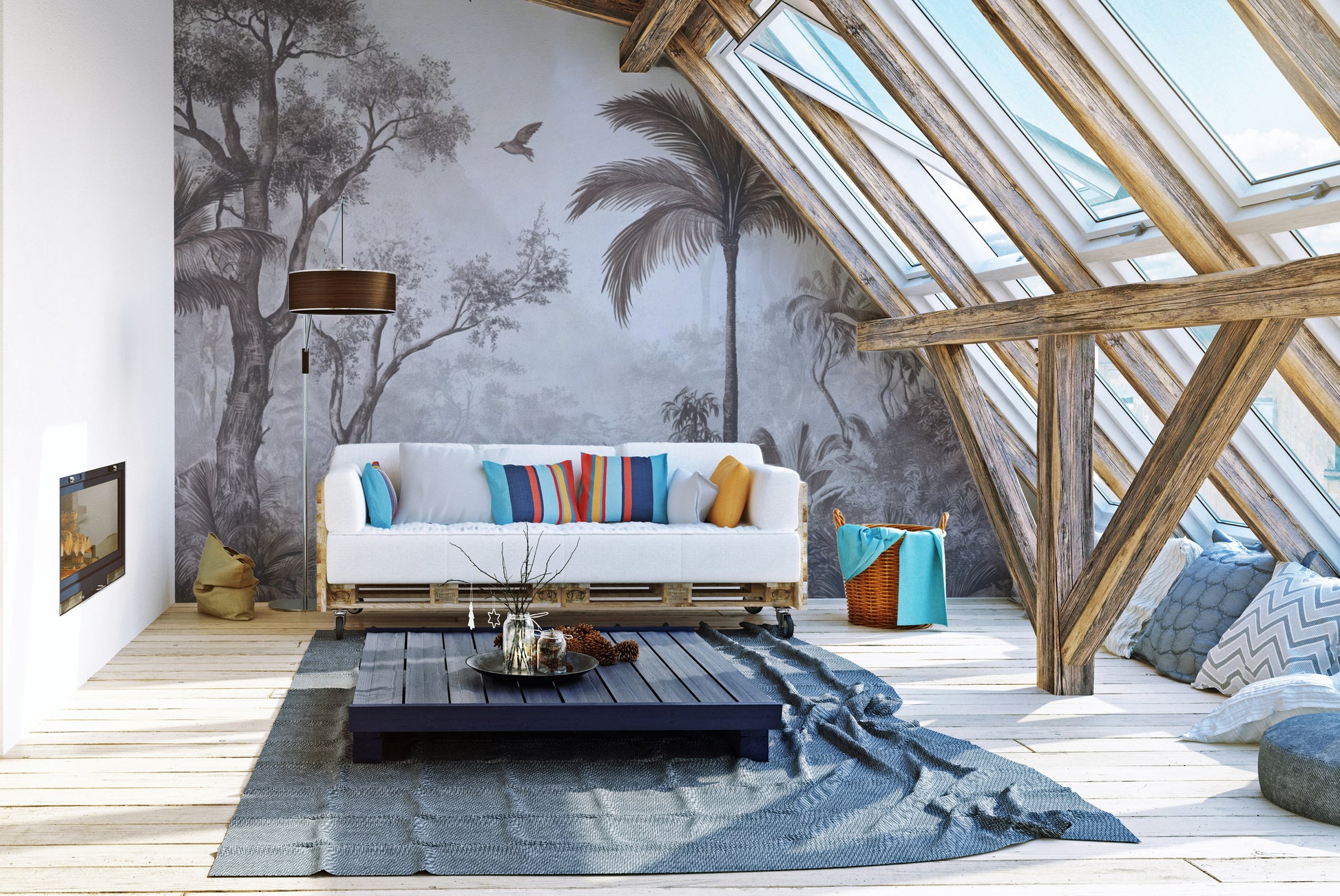 Tropical jungle wallpaper featuring trees and vintage style
