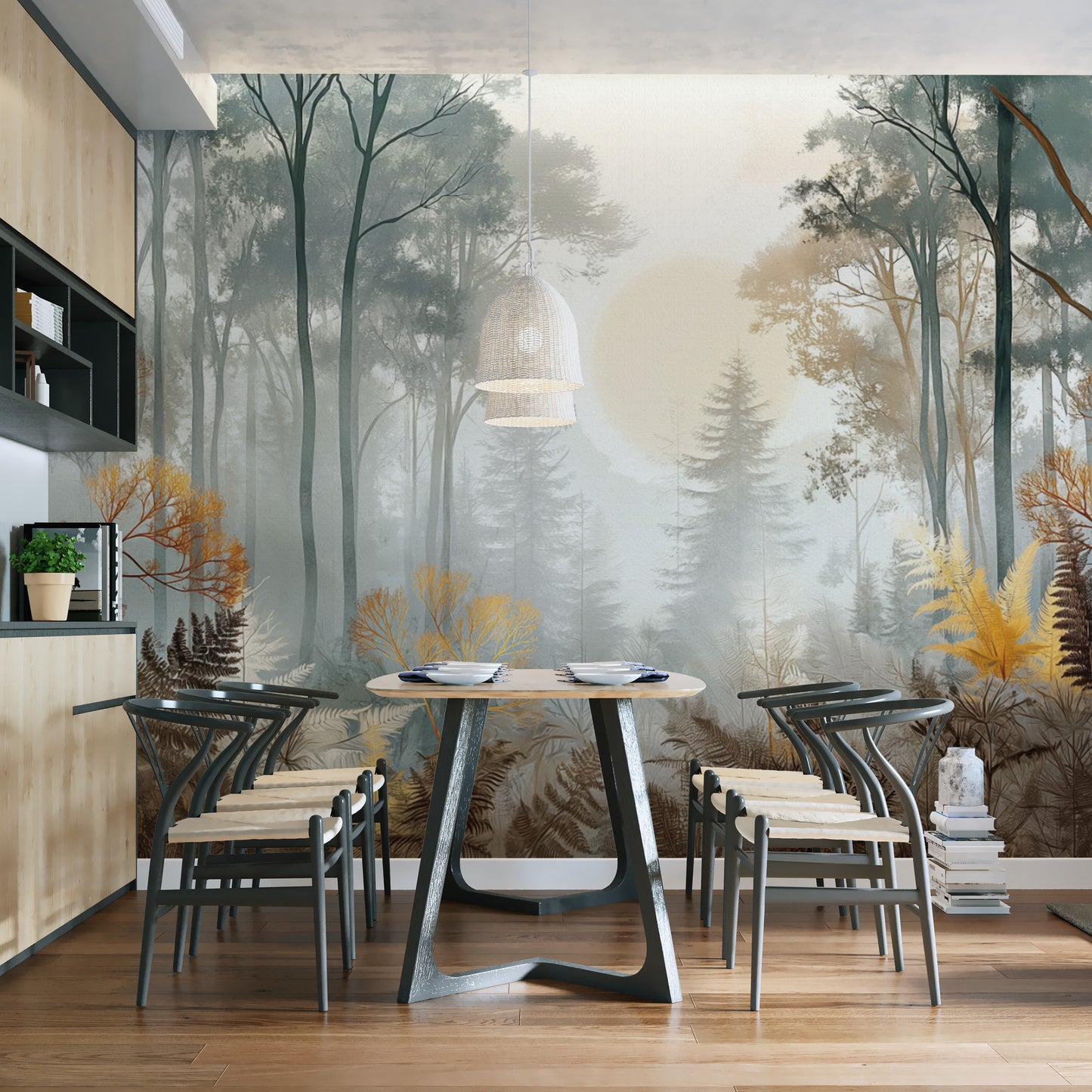 Misty Sunlit Forest Wallpaper Mural