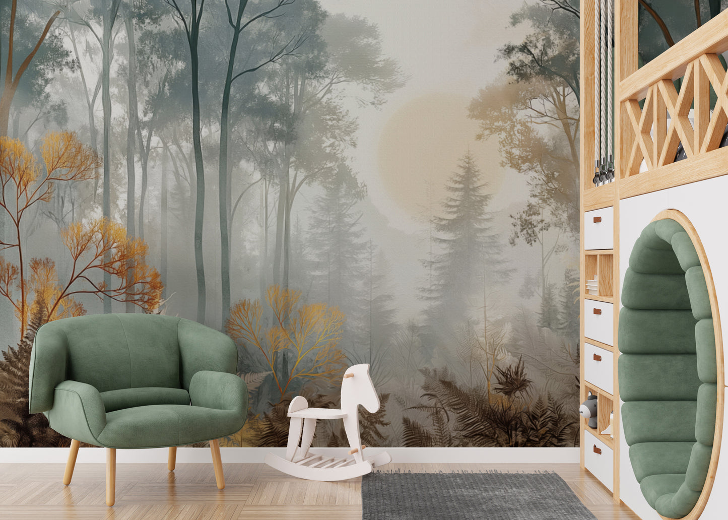 Misty Sunlit Forest Wallpaper Mural