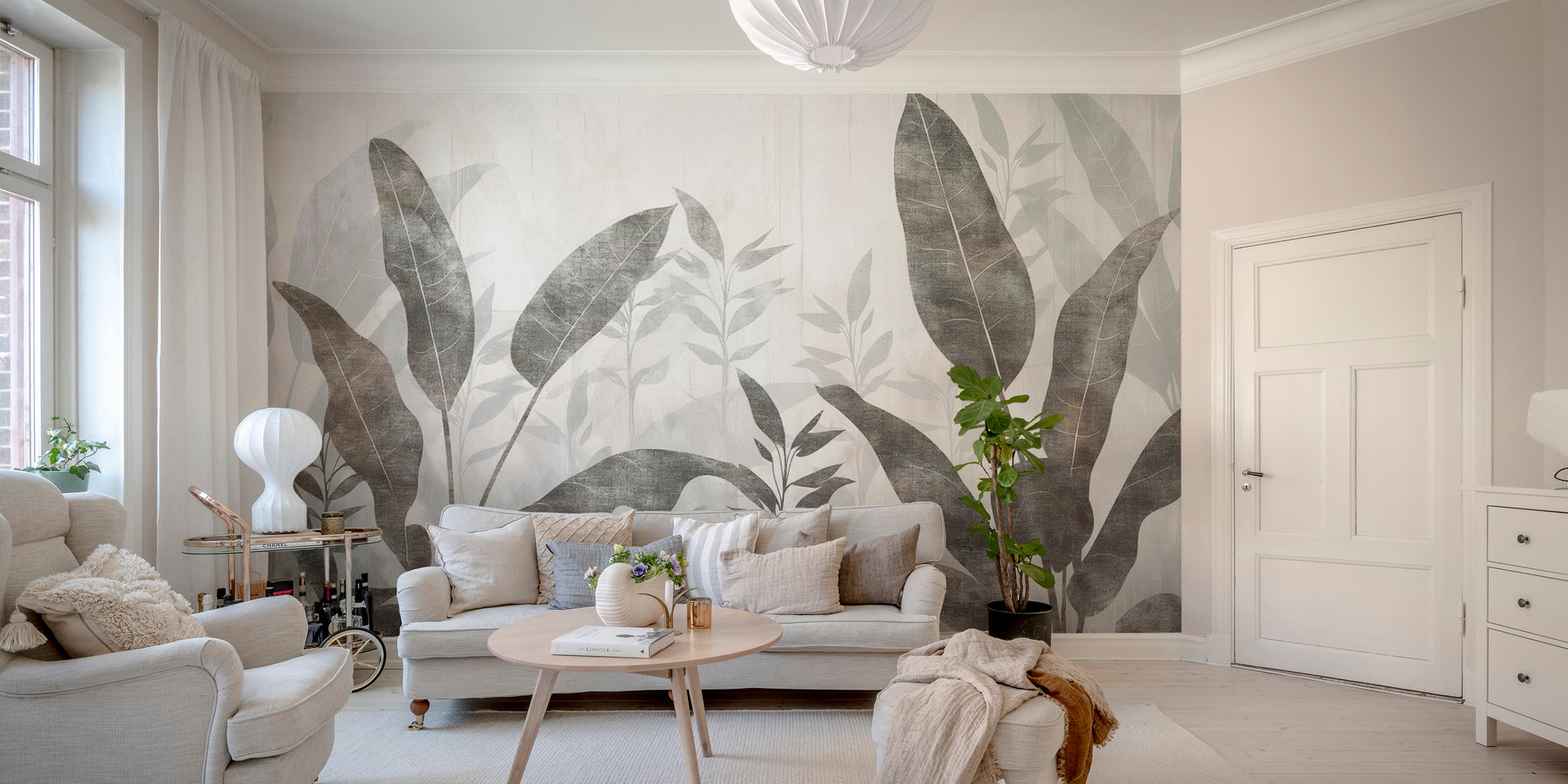 Botanical wallpaper mural with soft earthy tones
