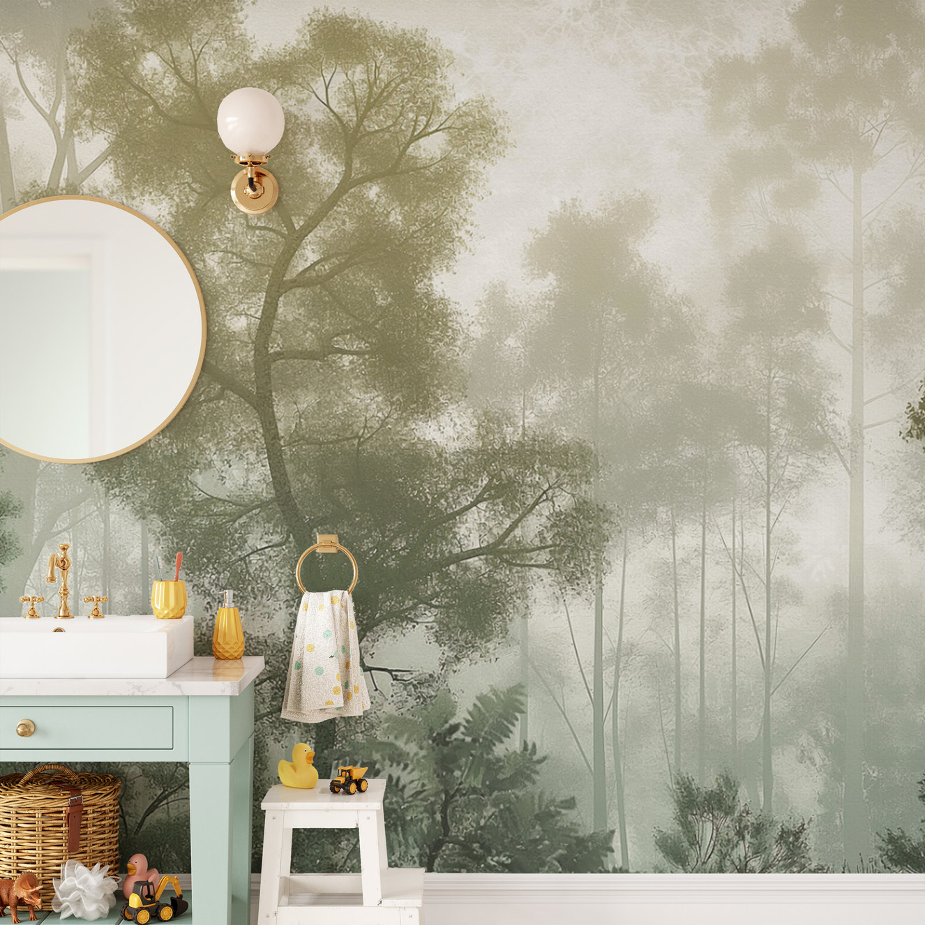 Lush greenery wallpaper mural with layered trees
