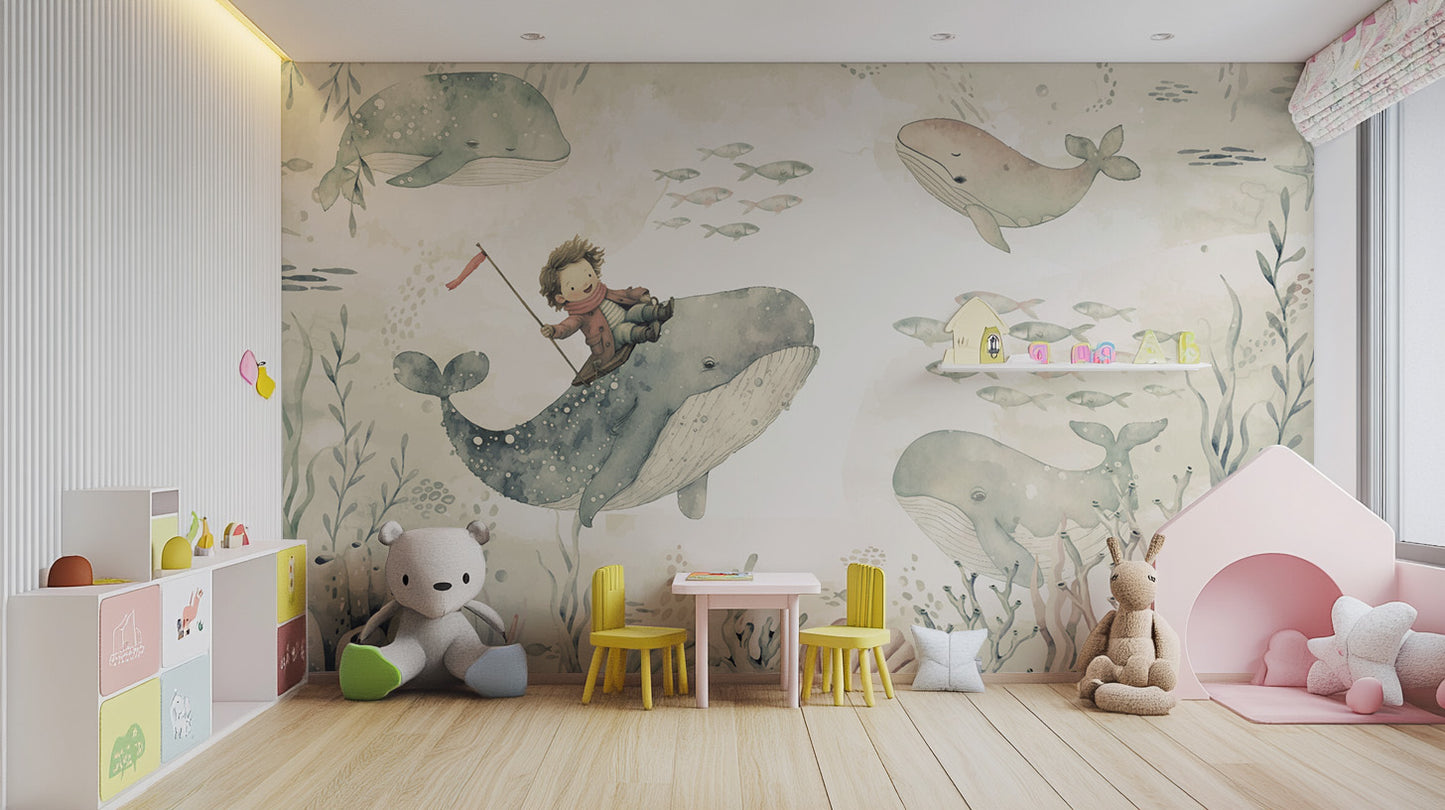 Hand-painted underwater fantasy whale wallpaper mural
