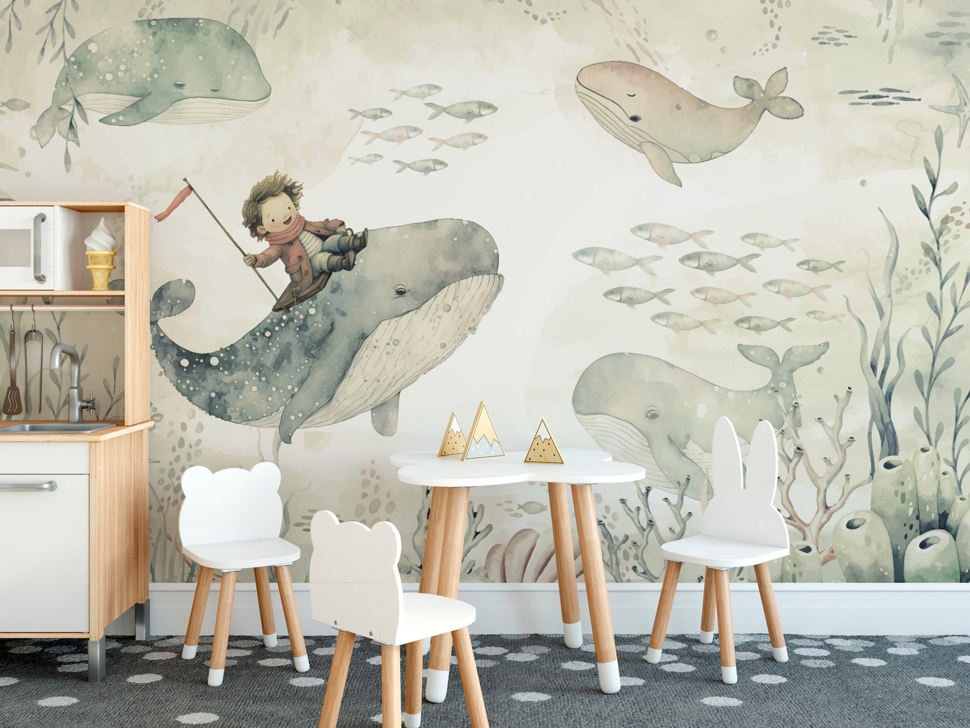 Soft ocean-themed kids room wallpaper with sea animals
