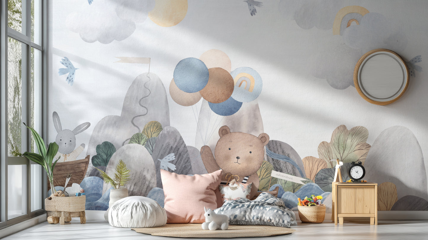 Storybook-inspired sailing bear and rabbit wallpaper mural
