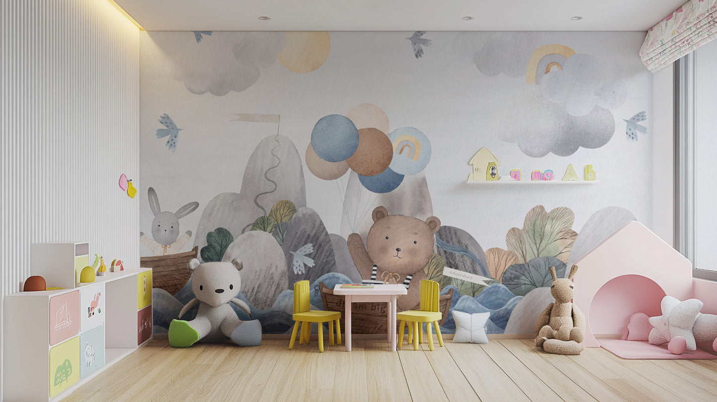 Cloud and rainbow nautical kids wallpaper with soft hues
