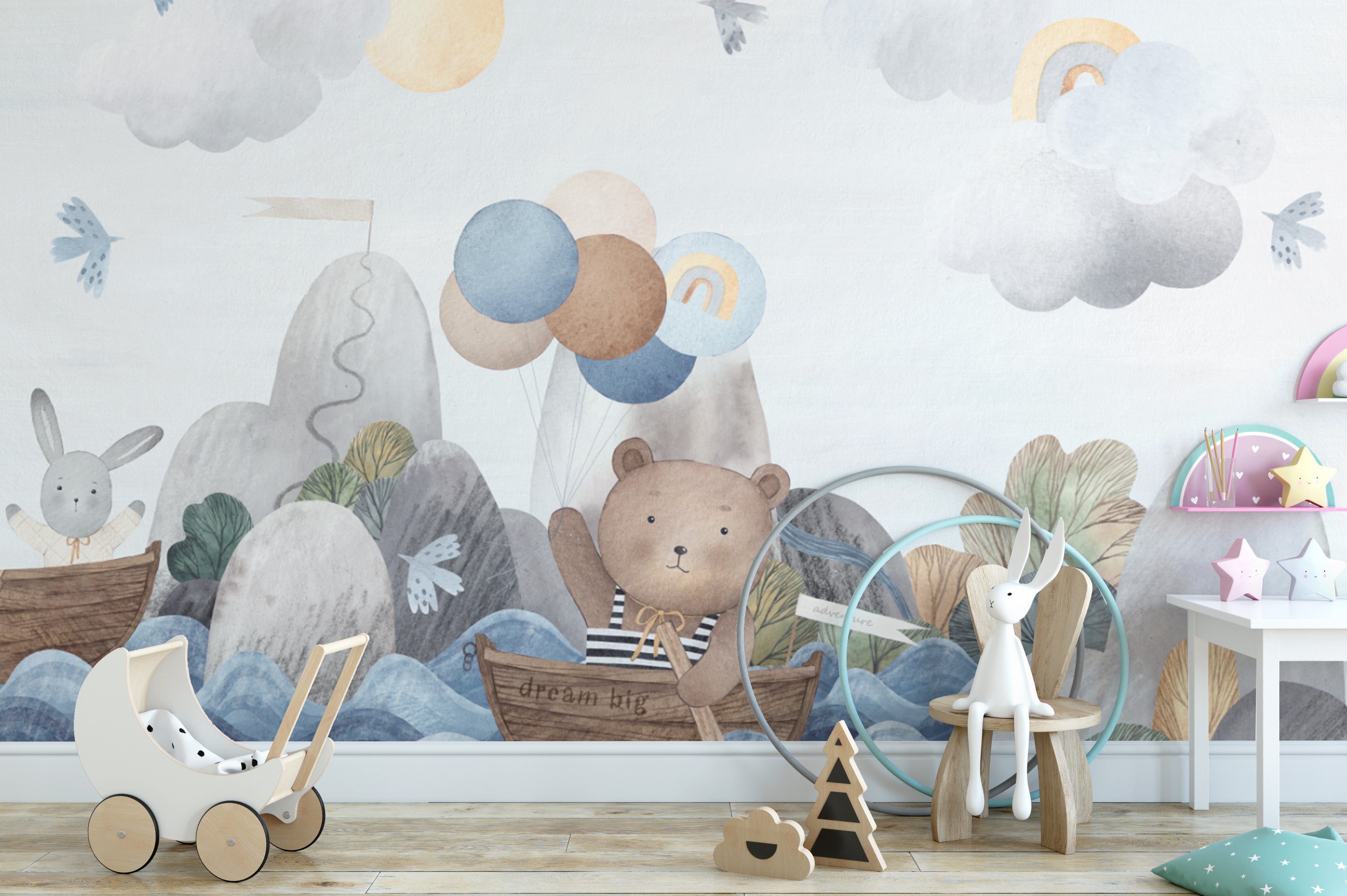 Sailing bear and rabbit nursery mural with pastel colors
