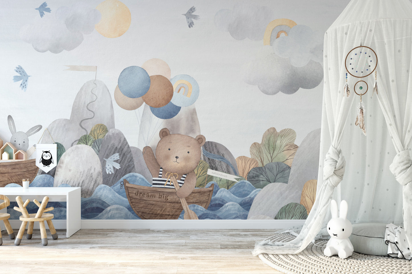 Soft pastel adventure theme wallpaper for kids' rooms
