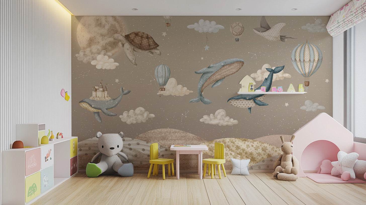 Fantasy wallpaper for kids with floating whales and moon
