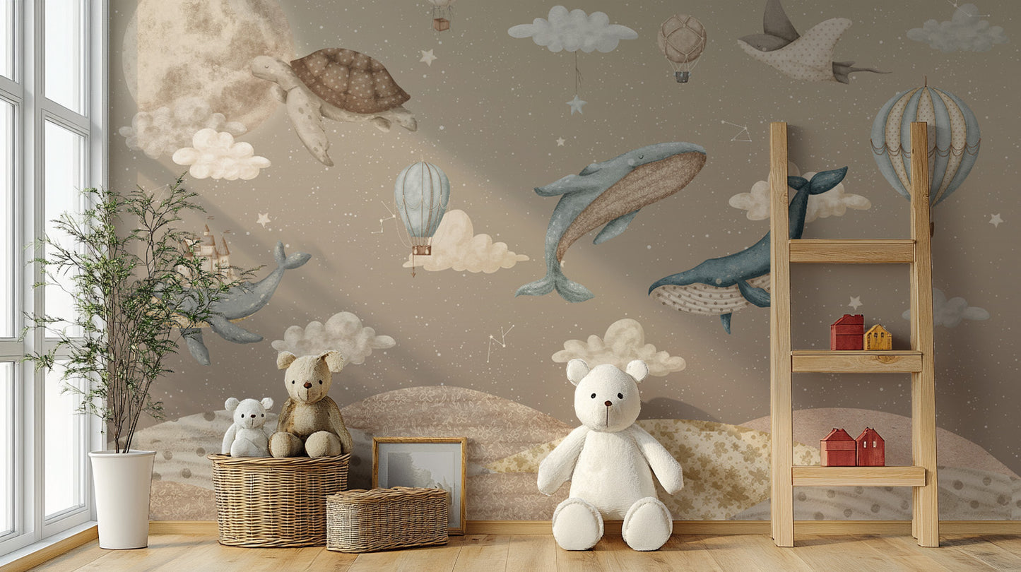 Pastel dreamy wallpaper mural with magical flying animals




