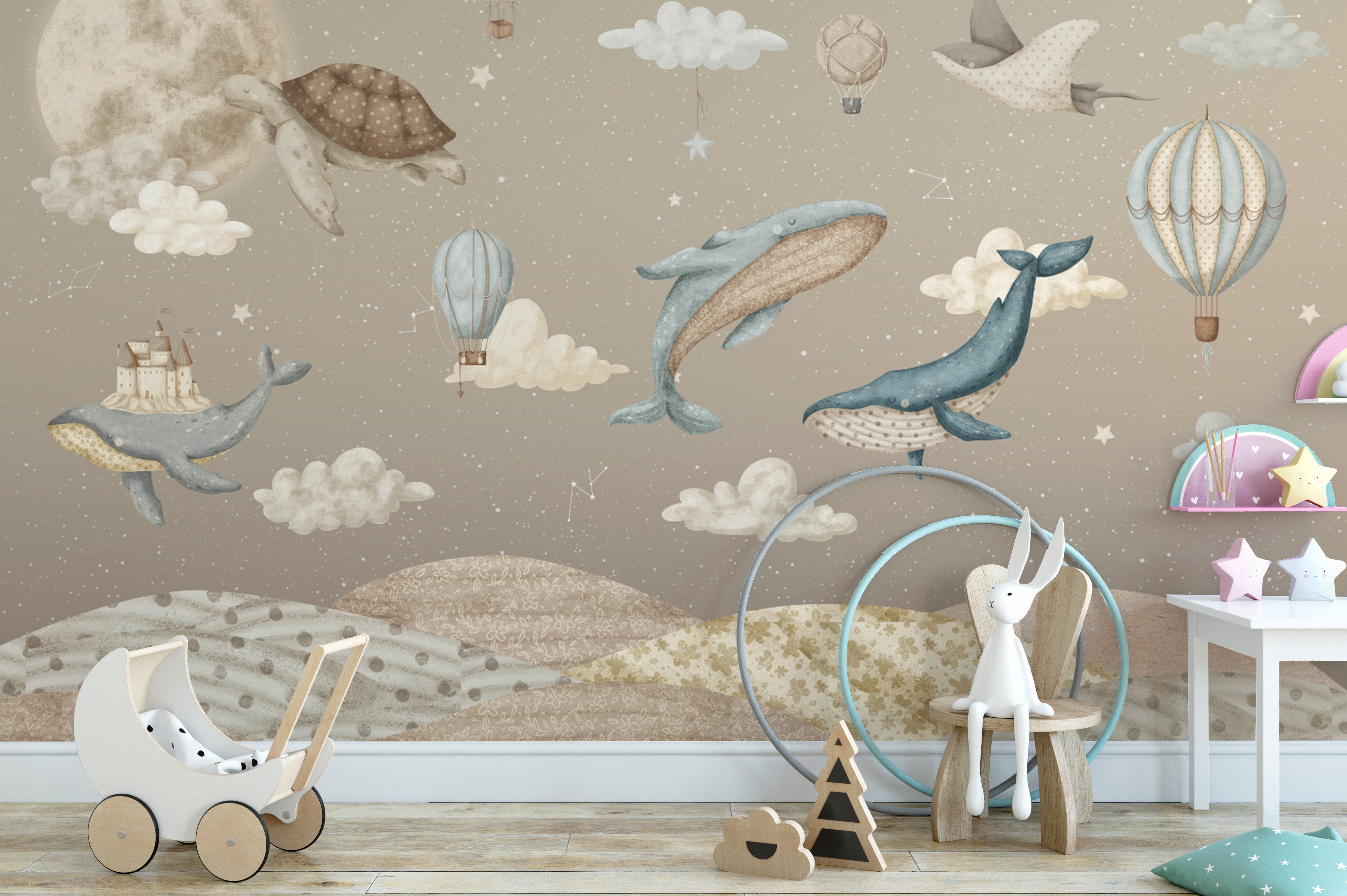 Storybook-inspired whale wallpaper with fairytale charm
