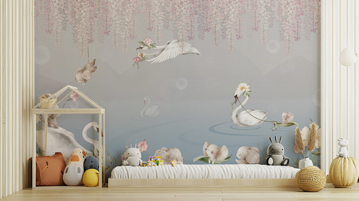 Baby Elephant & Swan Fantasy Wallpaper
