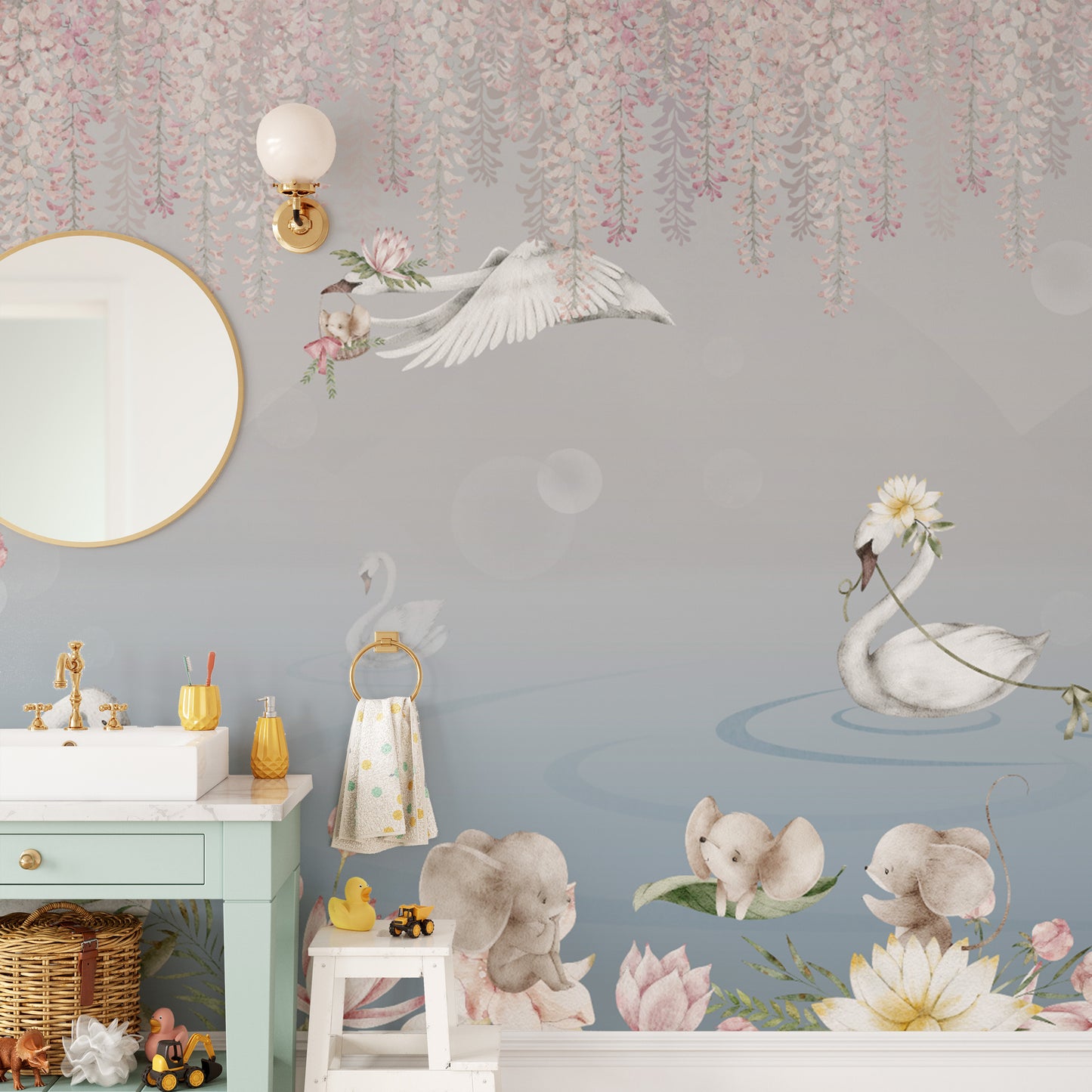 Swan Lake & Baby Elephant Nursery Wallpaper
