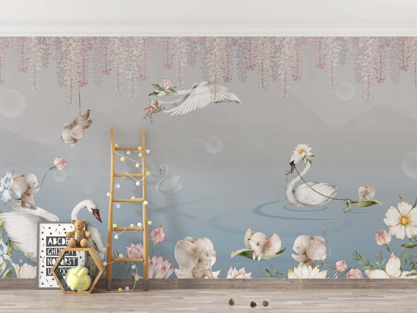 Nursery Wallpaper with Swans & Baby Elephants
