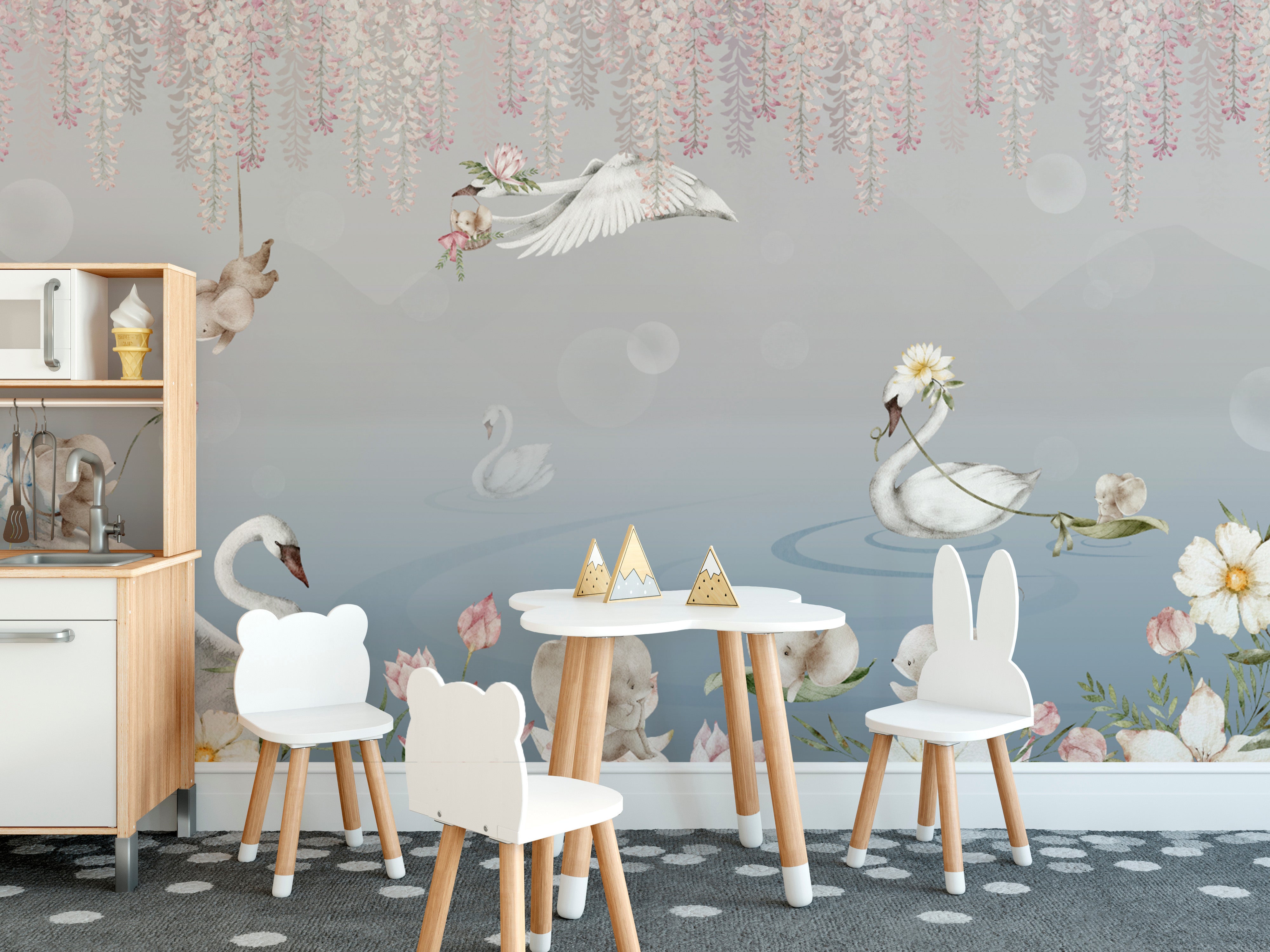 Elegant Swan Lake Baby Room Wallpaper
