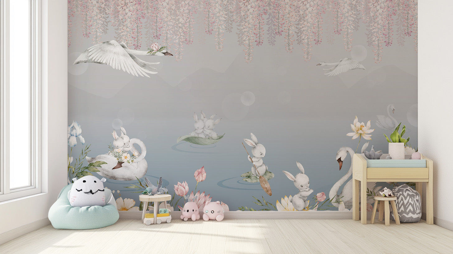 Watercolor bunny and swan lake wallpaper mural
