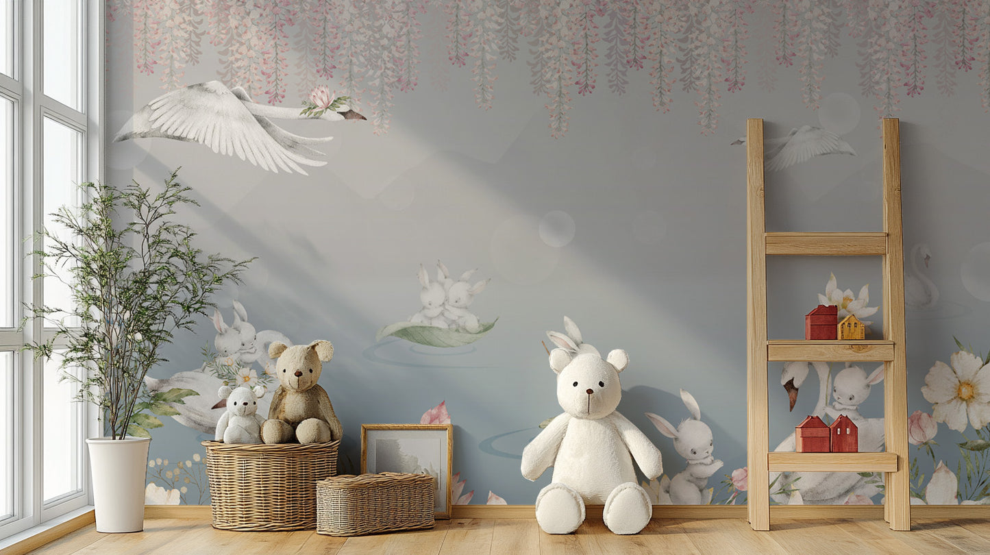 Dreamy nursery wallpaper with lake and floral details
