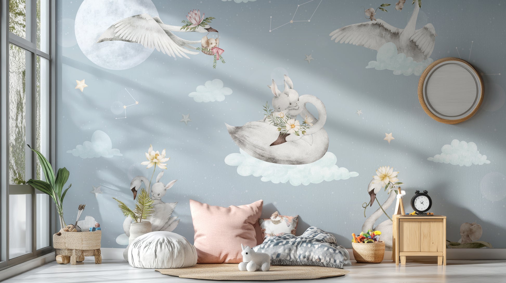 Watercolor swan and bunny wallpaper for walls
