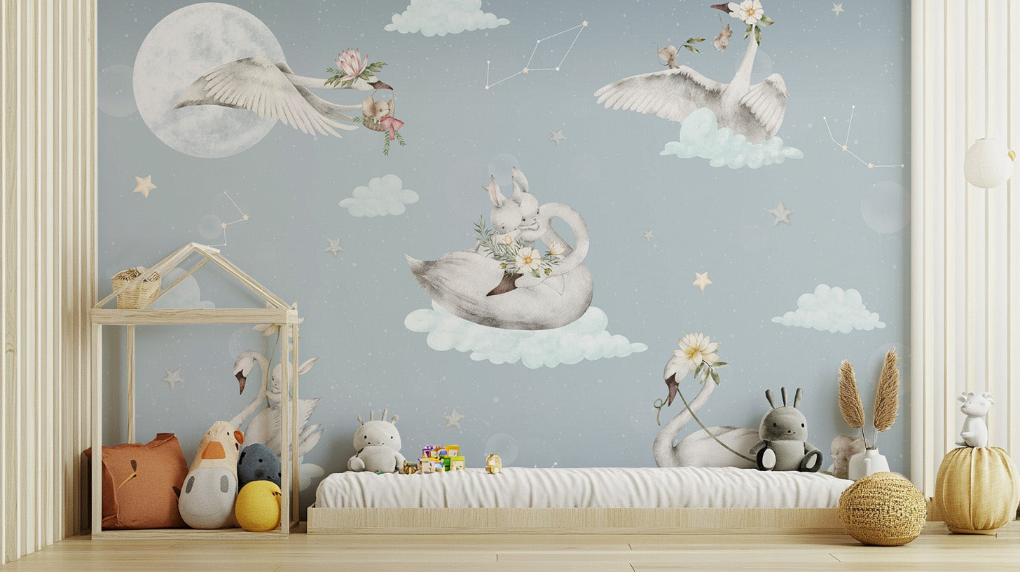 Enchanting swan wallpaper with rabbits and moon
