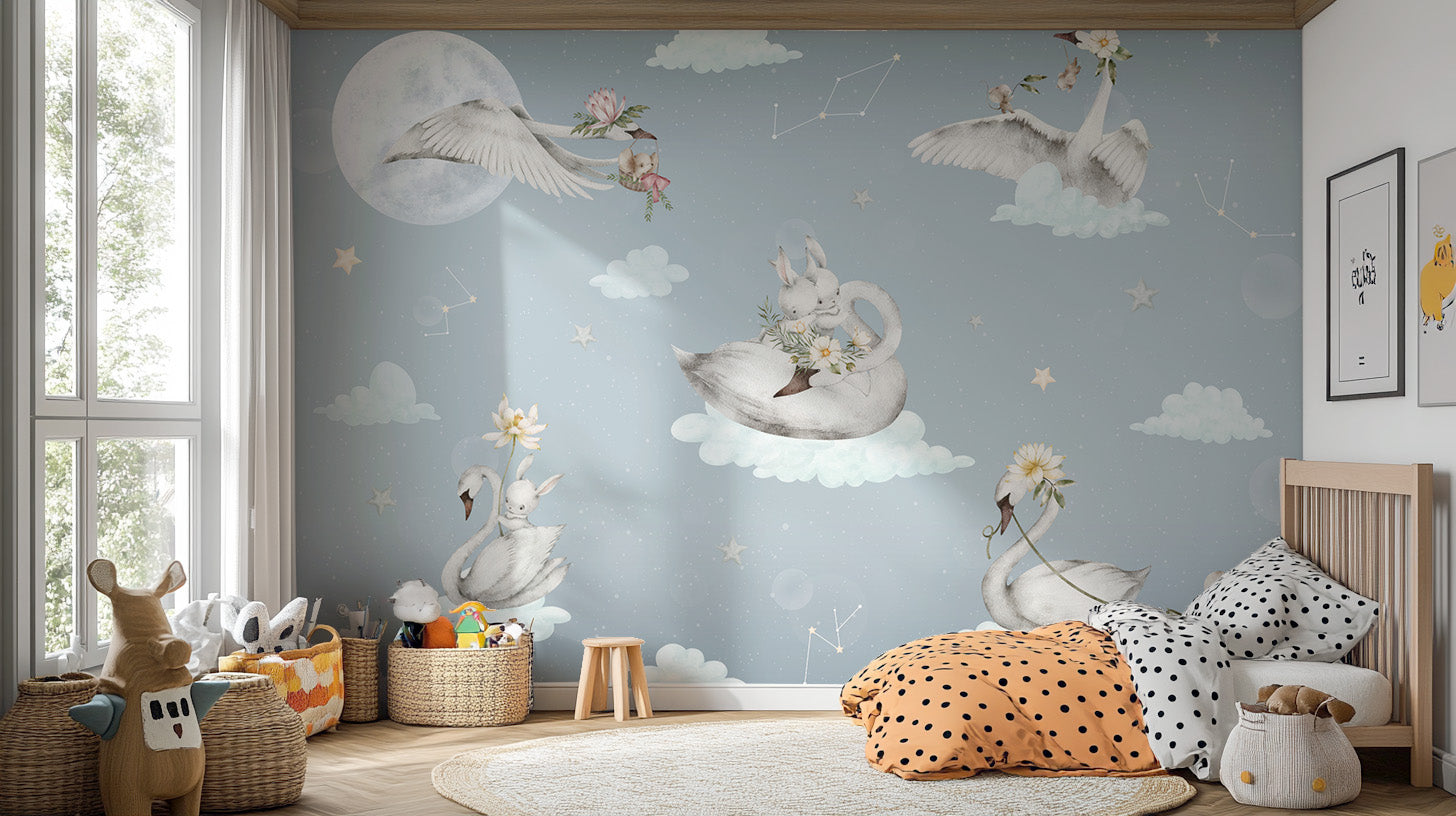 Bunnies and swans on floating clouds wallpaper
