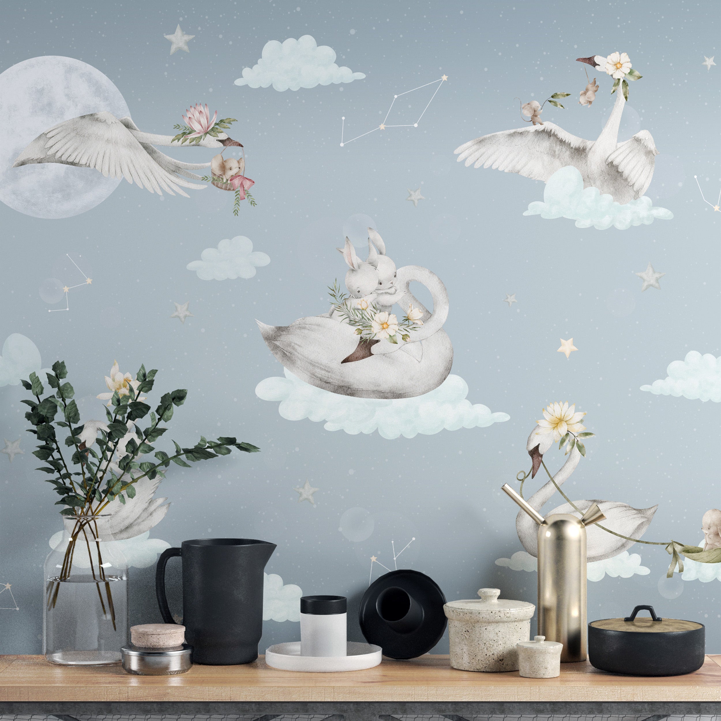 Celestial swan wallpaper for a dreamy kids' room
