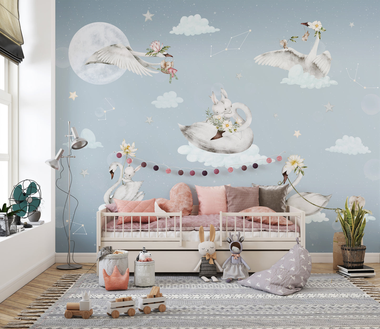 Dreamy Swan & Bunny Wallpaper with soft celestial design
