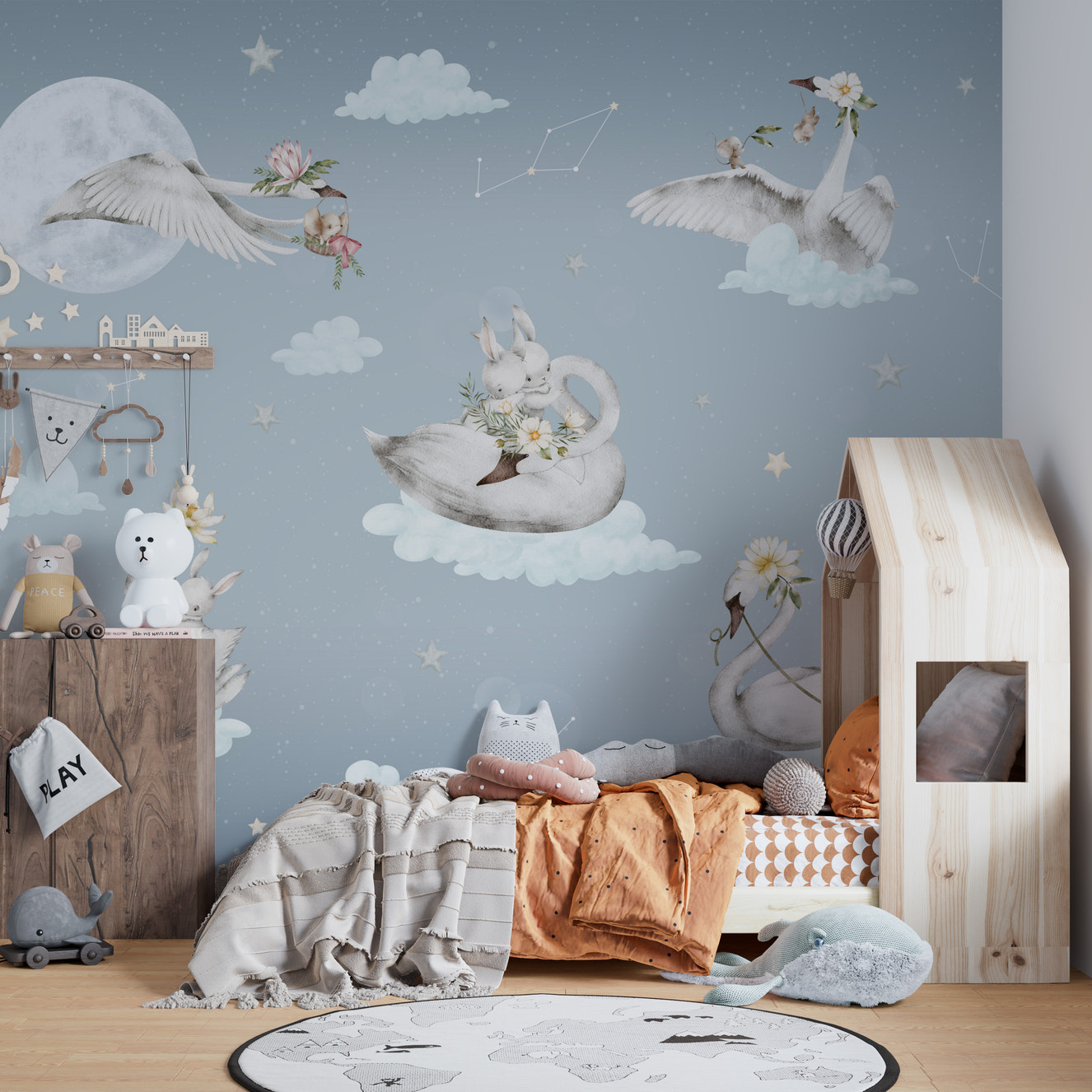 Floating swans and bunnies on pastel sky wallpaper
