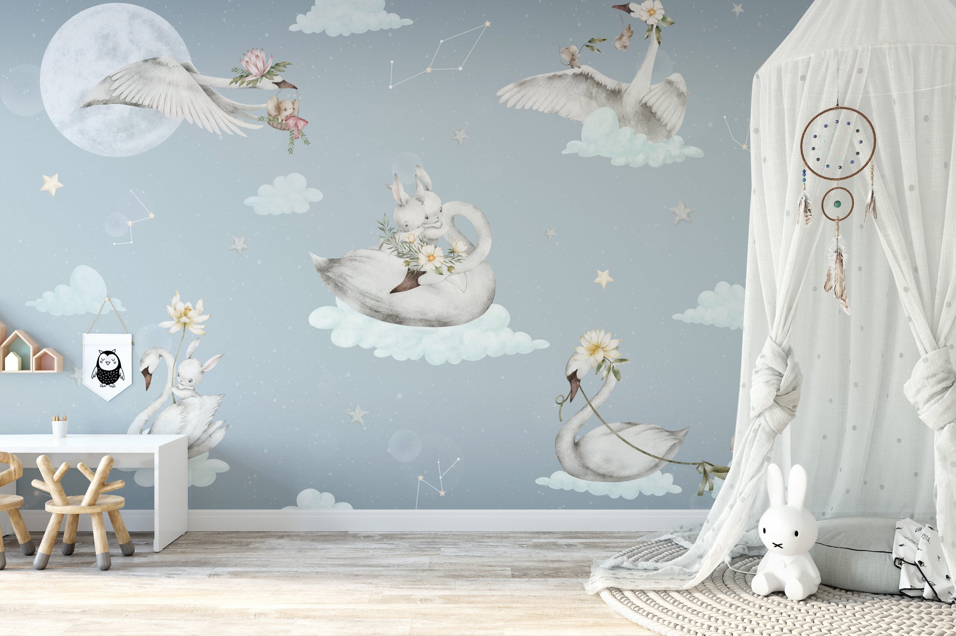 Starry night wallpaper with swans and rabbits
