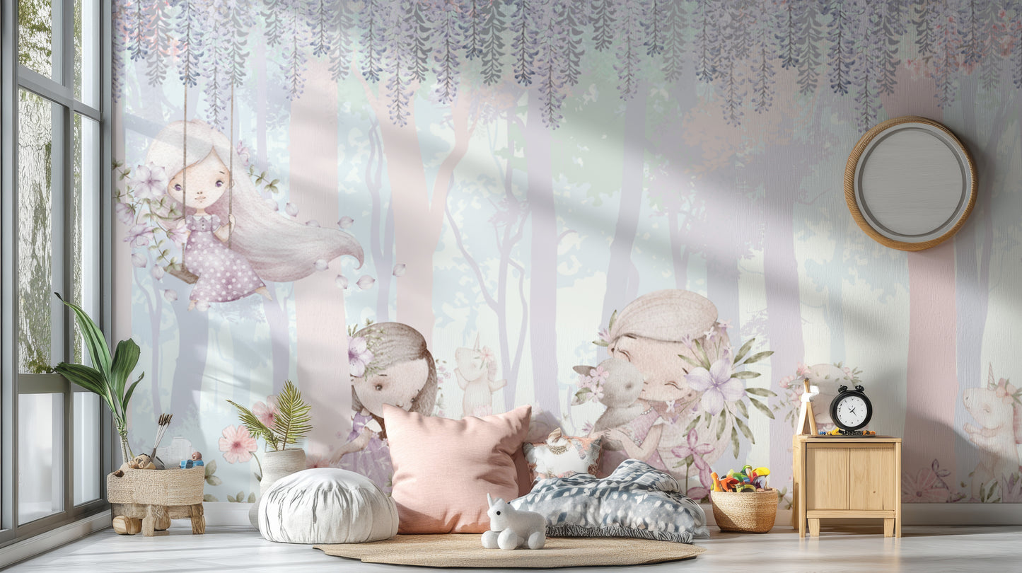 Watercolor floral wallpaper with dreamy forest theme
