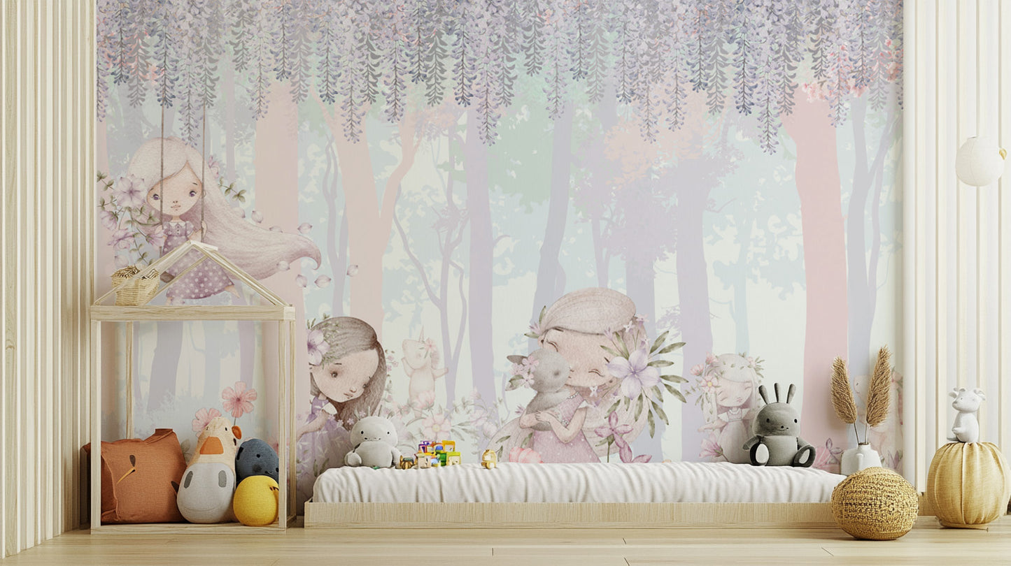 Lavender and pink enchanted forest wallpaper
