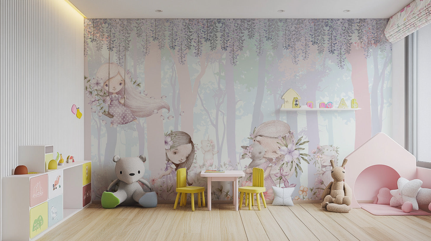 Fantasy girls' bedroom wallpaper with unicorns
