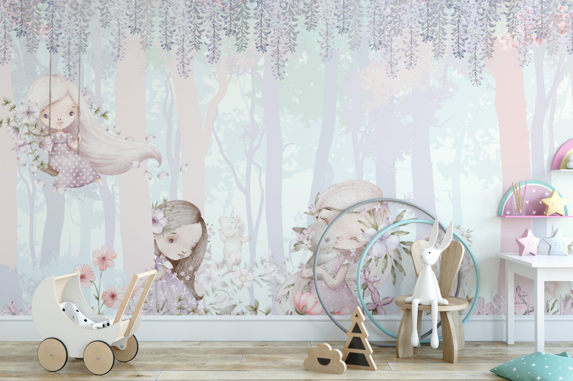 Unicorn and bunny wallpaper in magical setting
