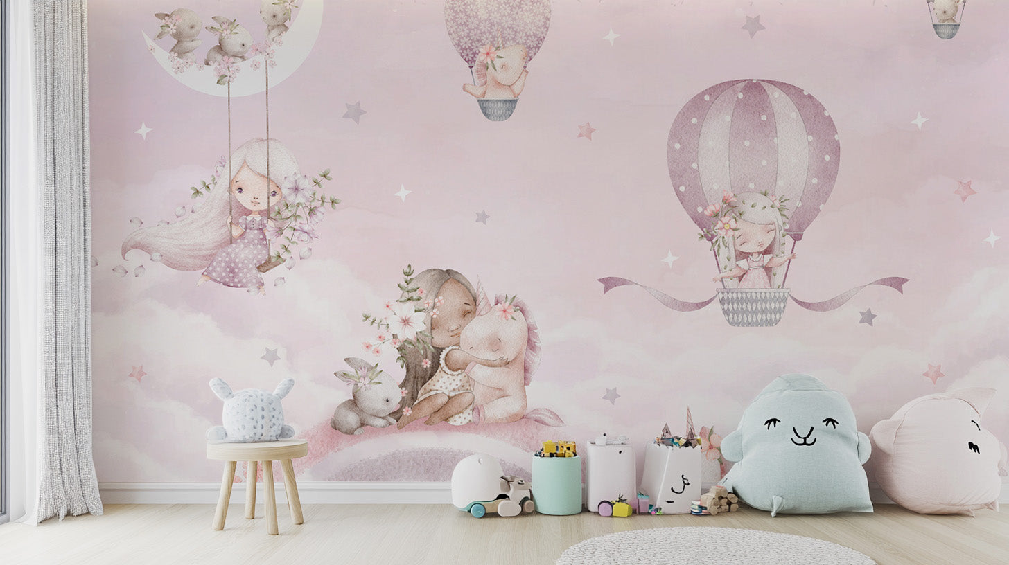 Hot air balloon wallpaper with soft pink tones
