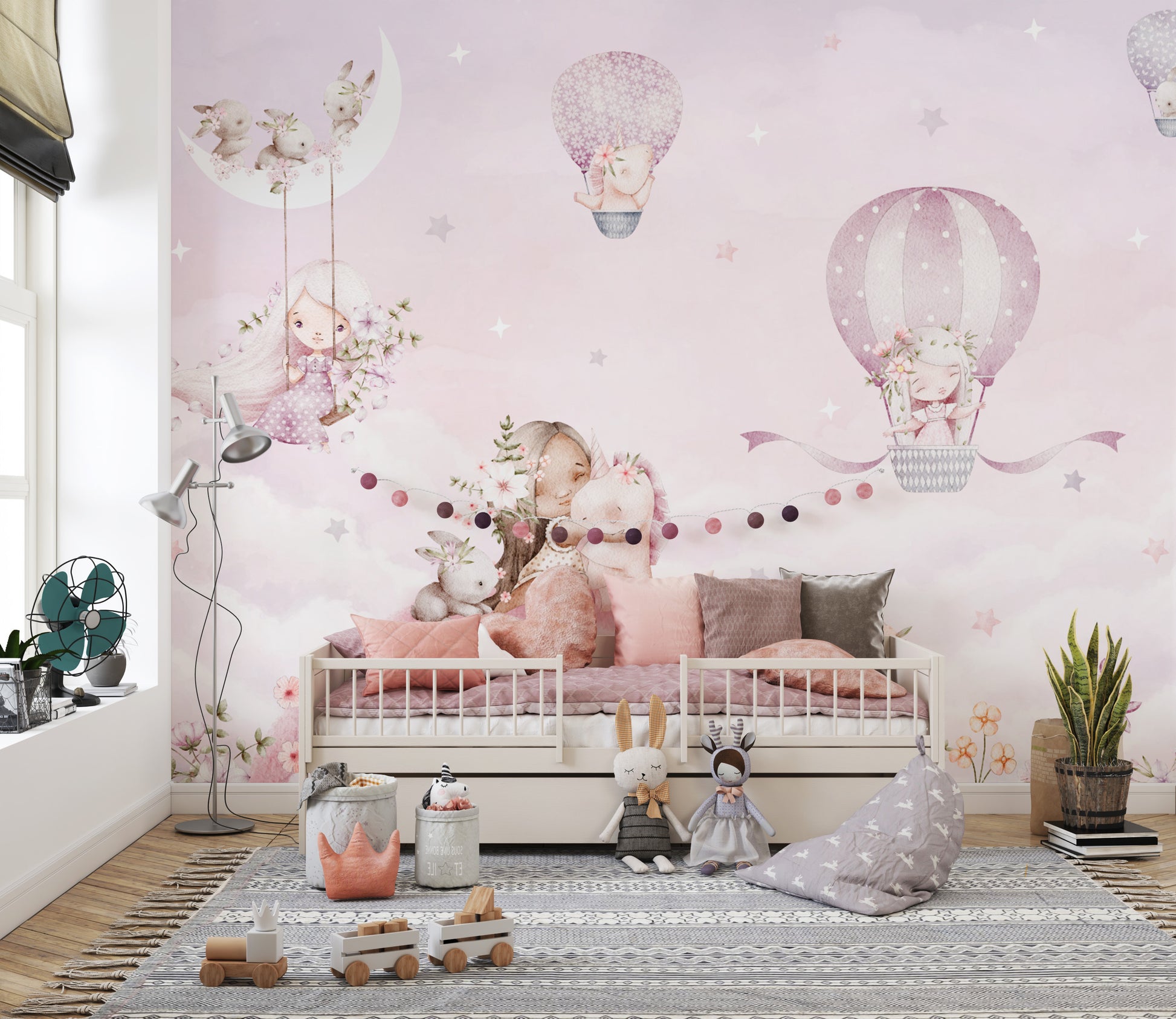 Dreamy Unicorn & Balloon Wallpaper with soft pastels
