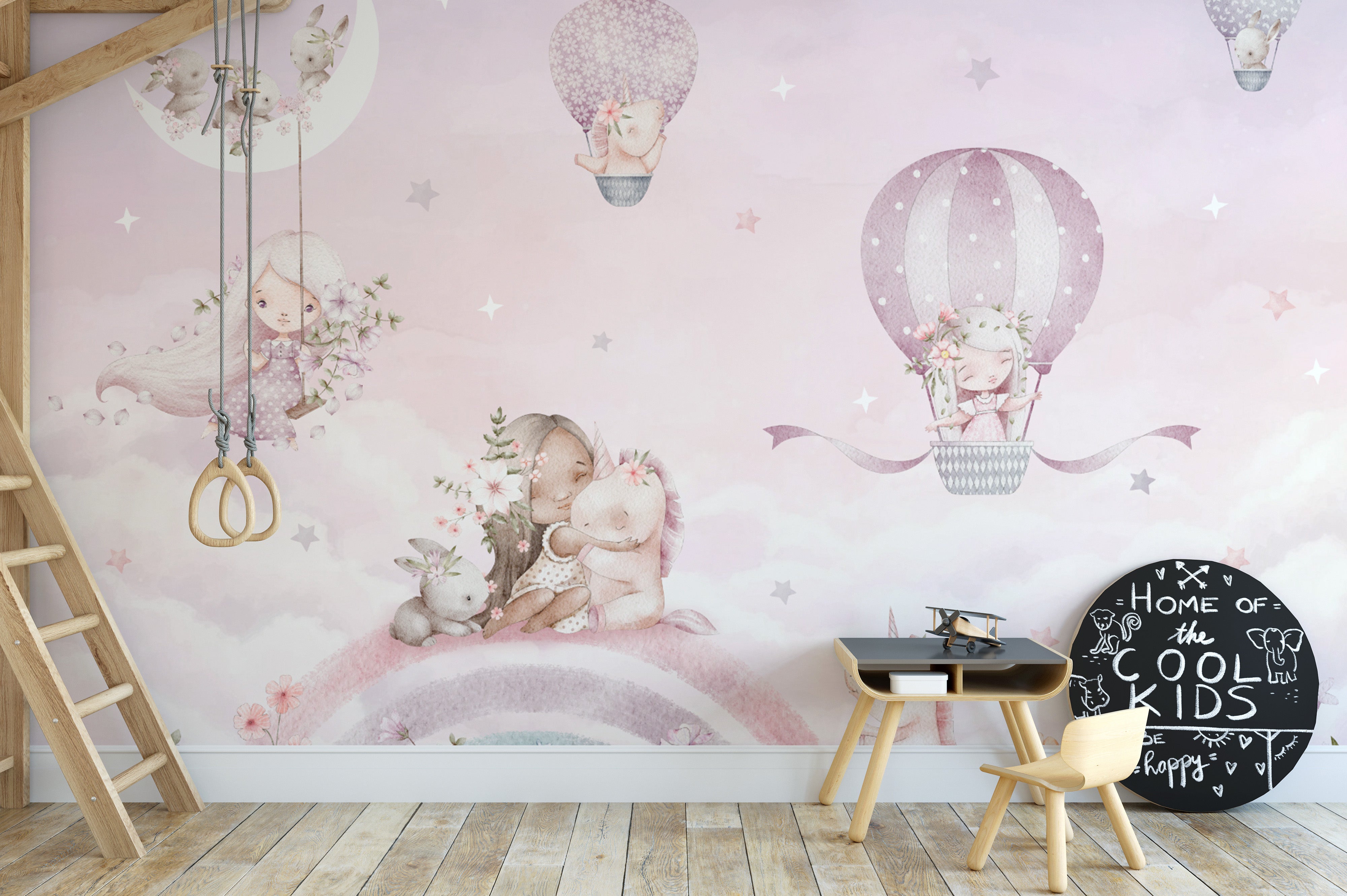 Pastel cloud wallpaper with dreamy unicorns and rainbows
