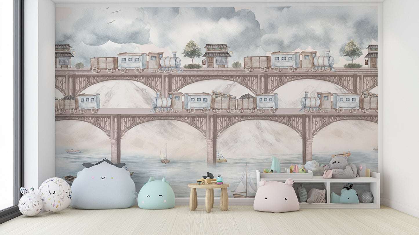 Railway bridge wallpaper with steam trains and boats
