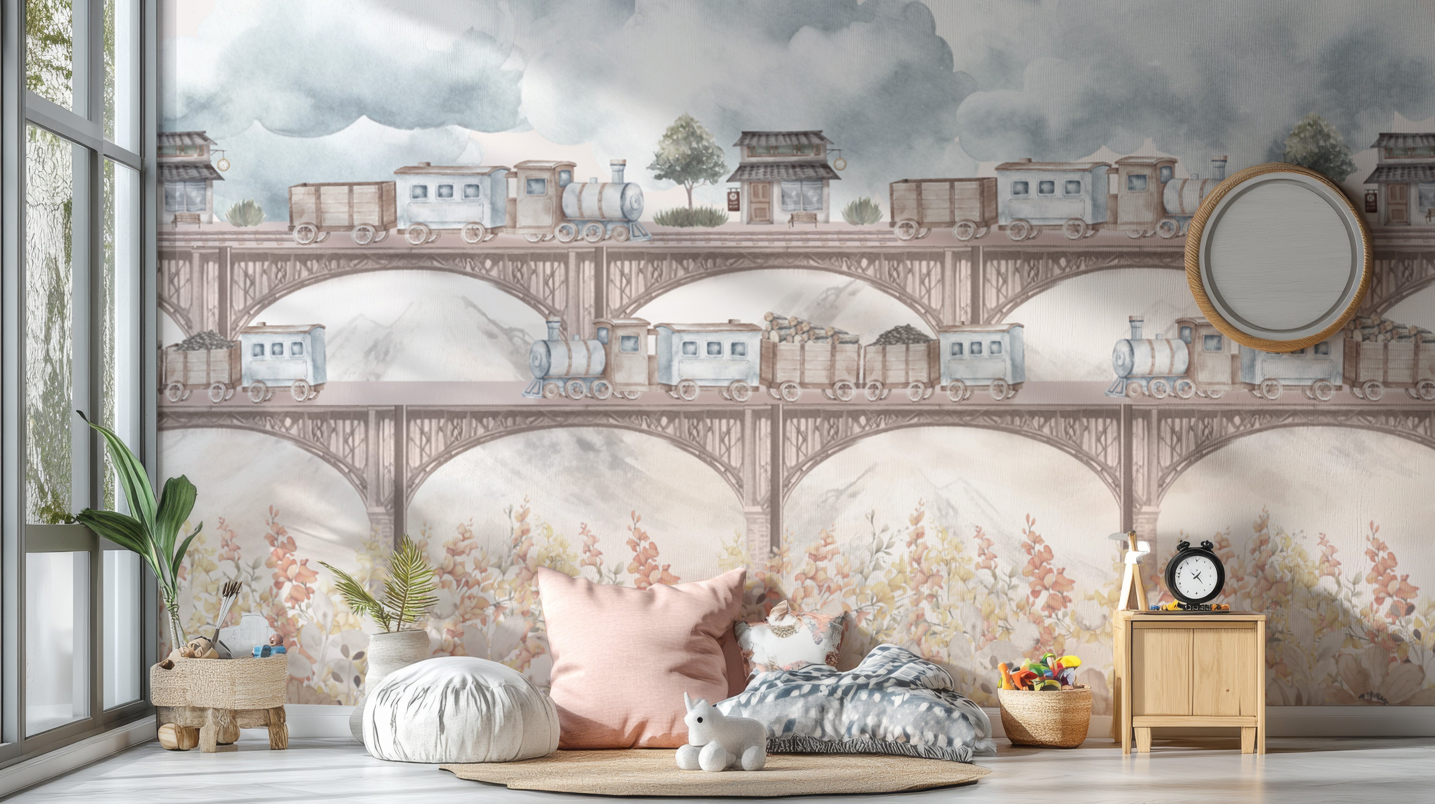 Rustic floral wallpaper with steam trains and bridges
