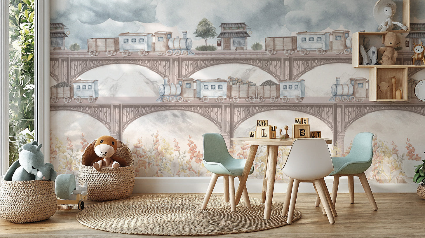 Watercolor train wall mural with vintage locomotive charm
