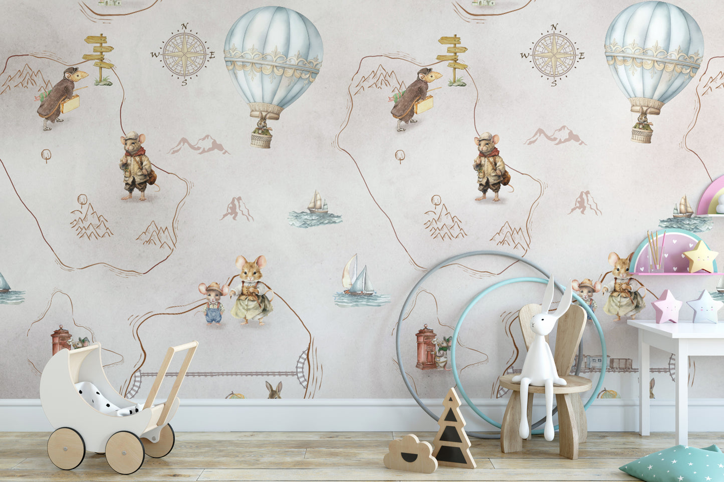 Vintage travel map wallpaper with hot air balloons
